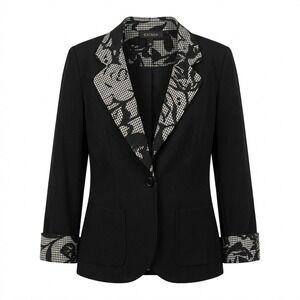 Escada Virgin Wool Blazer Black Floral Gingham Contrast Lapel Made in Italy 46